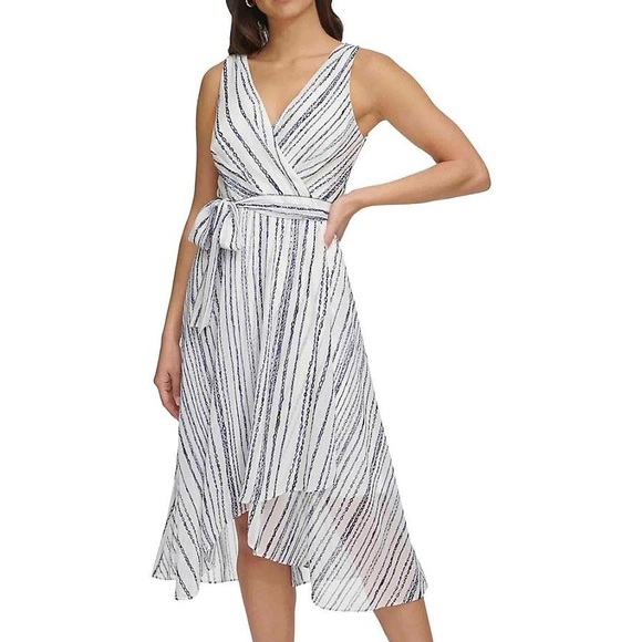 DKNY Blue White Faux Wrap Midi Dress Sz 8 - Picture 1 of 7